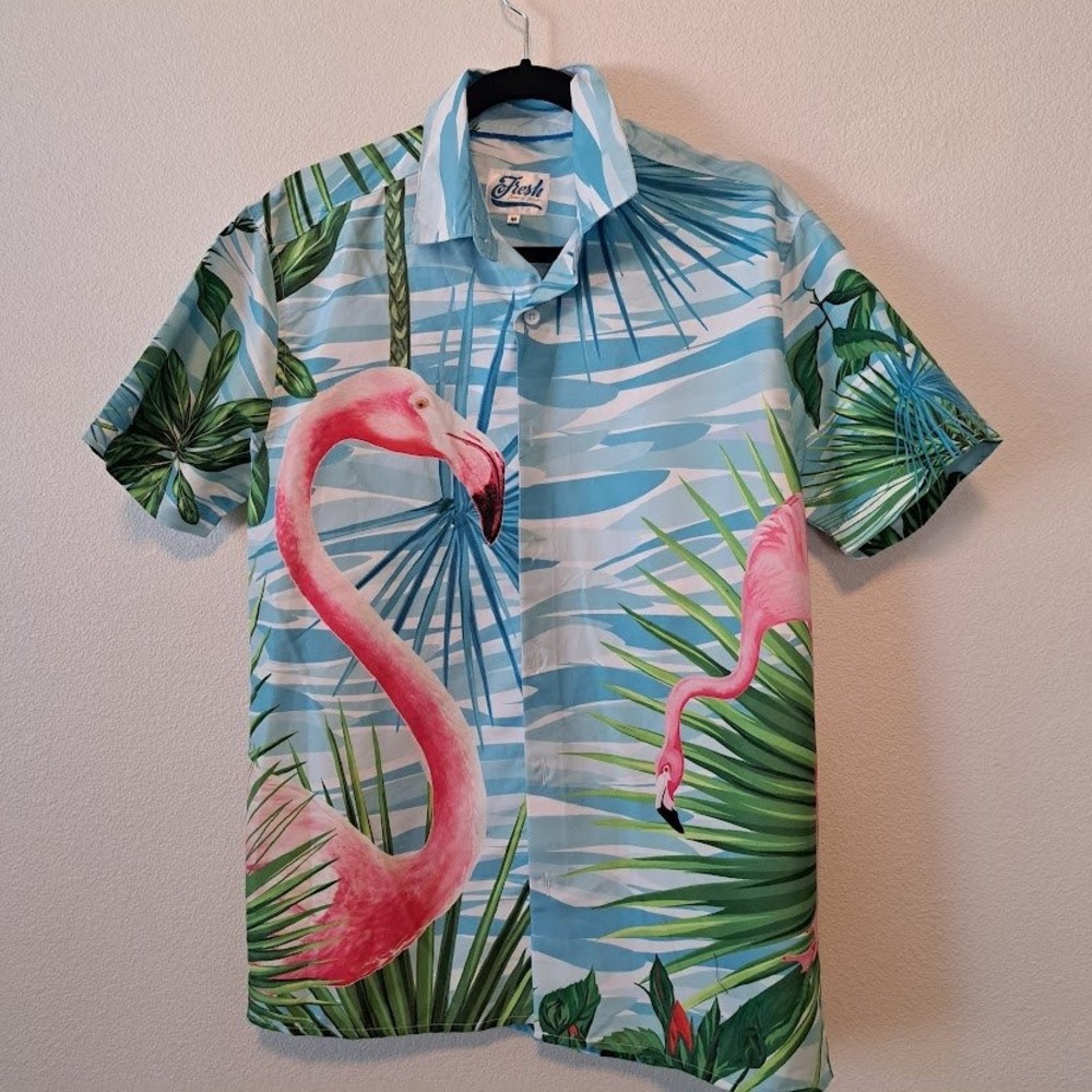 Fresh Prints of Bel-Air Mens Flamingo Tropical Palm Tree Button Up Shirt Medium